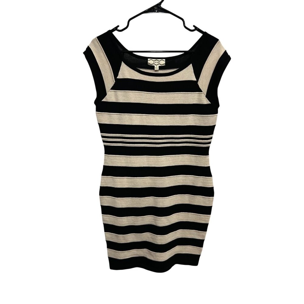 Pink.Rose Womens Dress Black Beige Striped Knit Stretch Cap Sleeve Size L NWT
